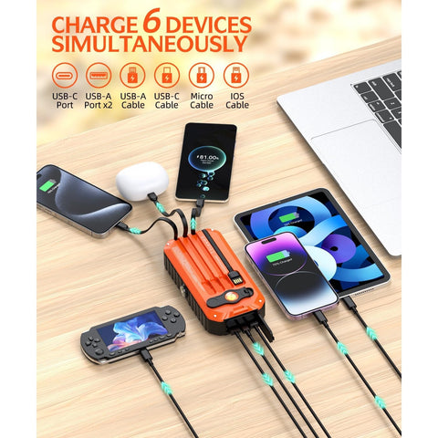 Solar Charger Power Bank 40000mAh Built in 4 Cables and Hand Crank, Portable Charger 22.5W Fast Charger 6 Outputs & 4 Inputs External Battery Pack with Bright Flashlight and Compass