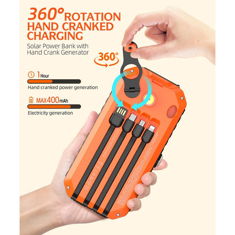 Solar Charger Power Bank 40000mAh Built in 4 Cables and Hand Crank, Portable Charger 22.5W Fast Charger 6 Outputs & 4 Inputs External Battery Pack with Bright Flashlight and Compass