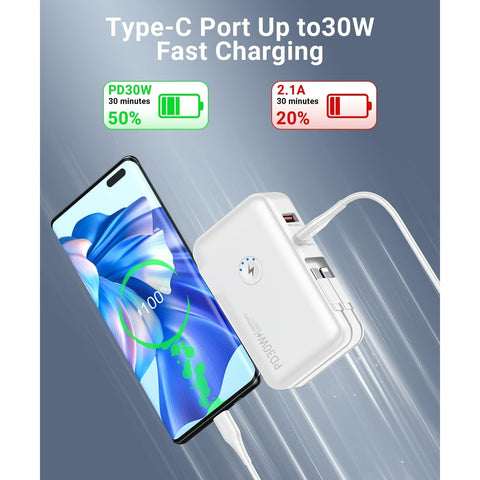 Portable Charger,16000mAh Power Bank Built-in AC Wall Plug and Cables, PD 30W and QC4.0 Fast Charger for iPhone and Android Phones and Most Electronic Devices (White)