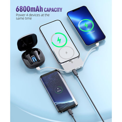 Magnetic Power Bank, 6800mAh Wireless Portable Charger with PD30W Fast Charging, Battery Pack Built-in 2 Output (White)