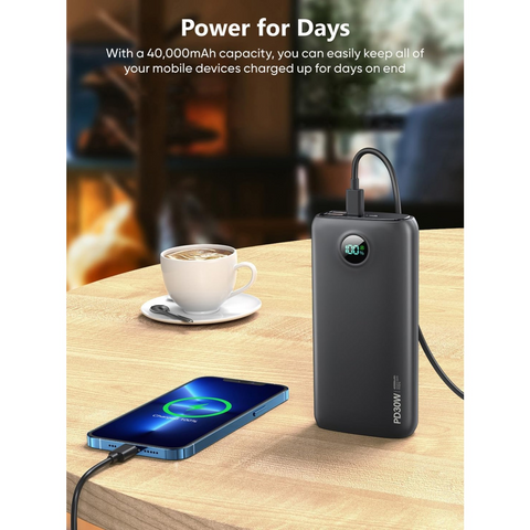 Portable Charger - 40000mAh Power Bank PD 30W and QC 4.0 Fast Charging with Flashlight LED Display 2 USB 1Type-C Outputs for Most Electronic Devices (Carbon Black)