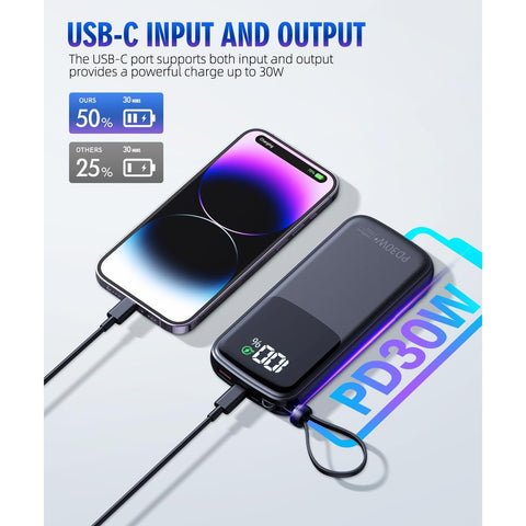 15000mAh Portable-Charger Power Bank Supports PD 30W Fast Charging Built-in AC Wall Plug and 2 Output Cables with LED Display for Most Electronic Devices(White)