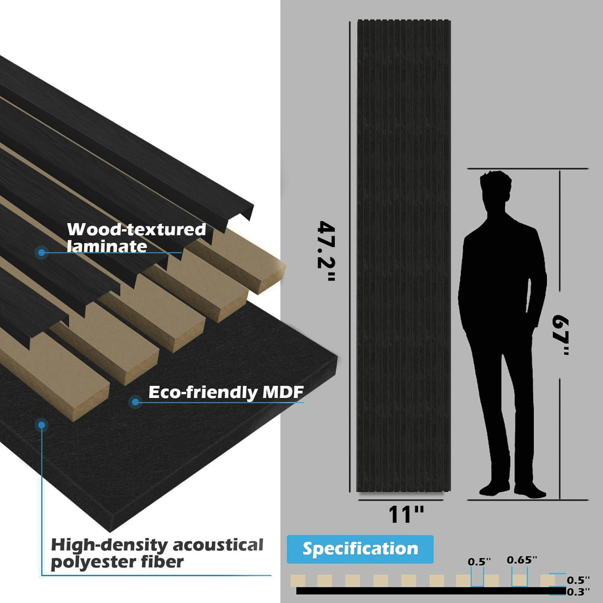 2-Pack 47.24" x 11.02" Acoustic Wood Panels for Wall, Soundproof Wood Slat Panel for Wall and Ceiling, 3D Fluted Absorbing Paneling for Interior Wall Decor, Living Room, Bedroom - Black