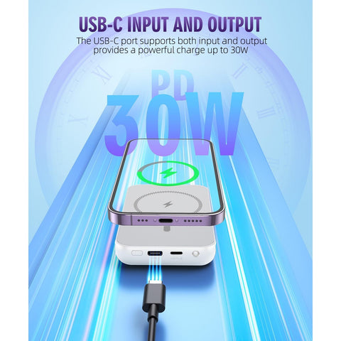 Magnetic Power Bank, 6800mAh Wireless Portable Charger with PD30W Fast Charging, Battery Pack Built-in 2 Output (White)