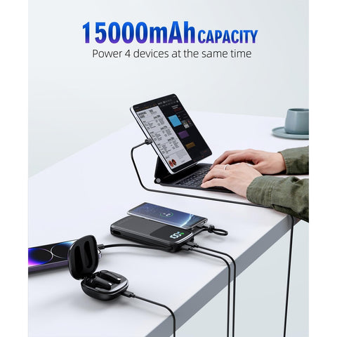 Portable-Charger-15000mAh Power-Bank - Supports PD 30W Fast Charging Built-in AC Wall Plug and 2 Output Cables with LED Display for Most Electronic Devices(Black)