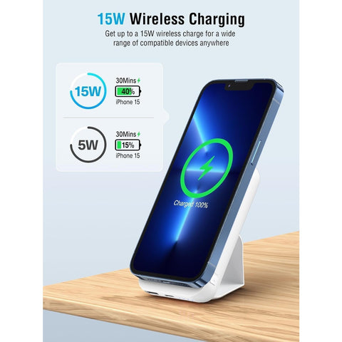 Portable Charger, PD 30W Fast Charger Foldable Wireless Power Bank with USB-C Port, Mag-Safe Battery Pack Only for iPhone 15/14/13/12 Series (White)