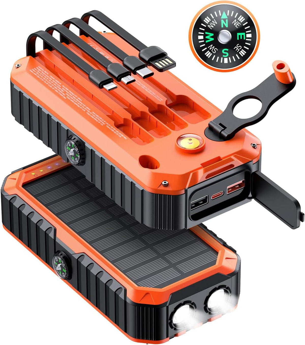 Solar Charger Power Bank 40000mAh Built in 4 Cables and Hand Crank, Portable Charger 22.5W Fast Charger 6 Outputs & 4 Inputs External Battery Pack with Bright Flashlight and Compass