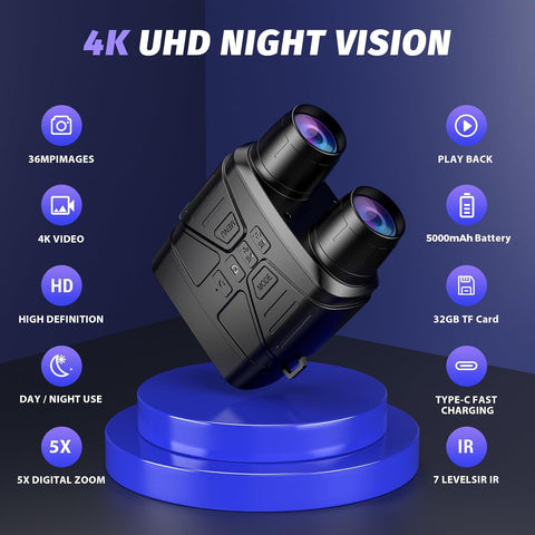 4K Night Vision Binoculars with 5000mAh Rechargeable Battery, 32GB TF, 3'' HD Screen for Camping and Security, Black