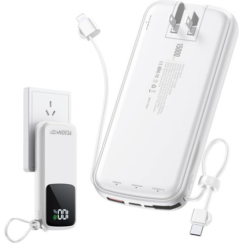 Portable-Charger-15000mAh Power-Bank - Supports PD 30W Fast Charging Built-in AC Wall Plug and 2 Output Cables with LED Display for Most Electronic Devices(Black)