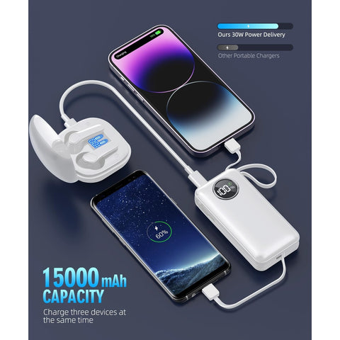 Portable Charger with Built-in Output Cable, LED Display Fast 15000mAh Battery Pack, Fast Charging , Suitable for Most Electronic Devices (Black)