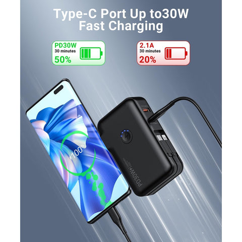 Portable Charger,  16000mAh Power Bank Built-in AC Wall Plug and Cables, PD 30W and QC4.0 Fast Charger for iPhone and Android Phones and Most Electronic Devices