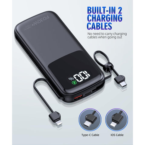 Portable-Charger-15000mAh Power-Bank - Supports PD 30W Fast Charging Built-in AC Wall Plug and 2 Output Cables with LED Display for Most Electronic Devices(Black)