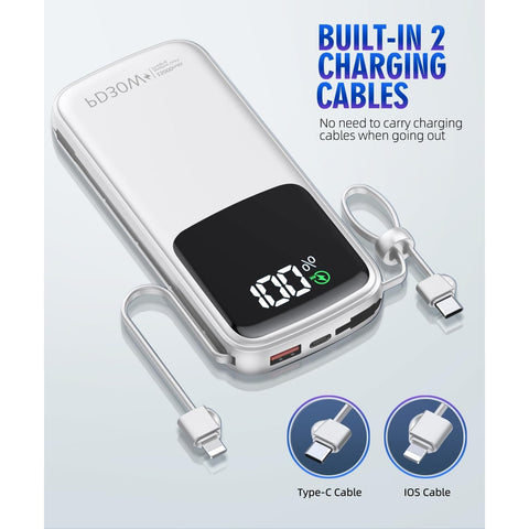 15000mAh Portable-Charger Power Bank Supports PD 30W Fast Charging Built-in AC Wall Plug and 2 Output Cables with LED Display for Most Electronic Devices(White)