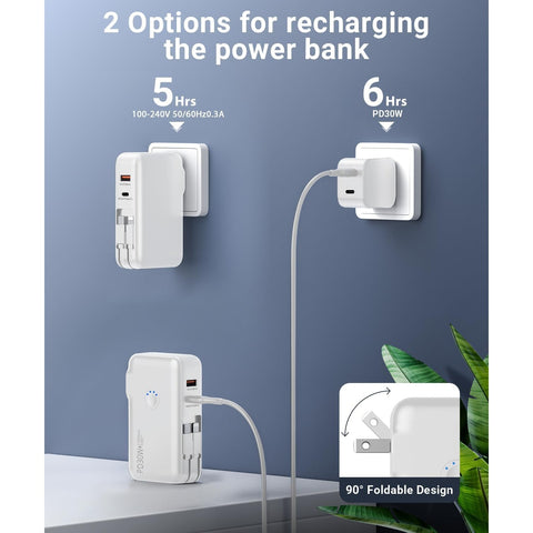 Portable Charger,16000mAh Power Bank Built-in AC Wall Plug and Cables, PD 30W and QC4.0 Fast Charger for iPhone and Android Phones and Most Electronic Devices (White)