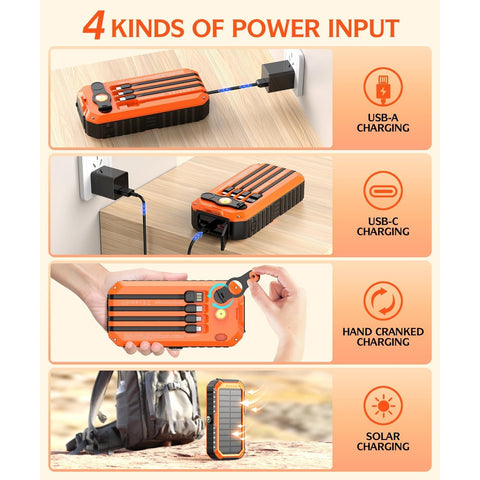 Solar Charger Power Bank 40000mAh Built in 4 Cables and Hand Crank, Portable Charger 22.5W Fast Charger 6 Outputs & 4 Inputs External Battery Pack with Bright Flashlight and Compass