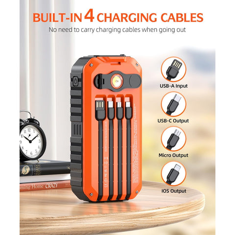 Solar Charger Power Bank 40000mAh Built in 4 Cables and Hand Crank, Portable Charger 22.5W Fast Charger 6 Outputs & 4 Inputs External Battery Pack with Bright Flashlight and Compass