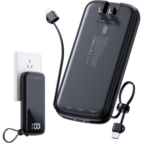 15000mAh Portable-Charger Power Bank Supports PD 30W Fast Charging Built-in AC Wall Plug and 2 Output Cables with LED Display for Most Electronic Devices(White)