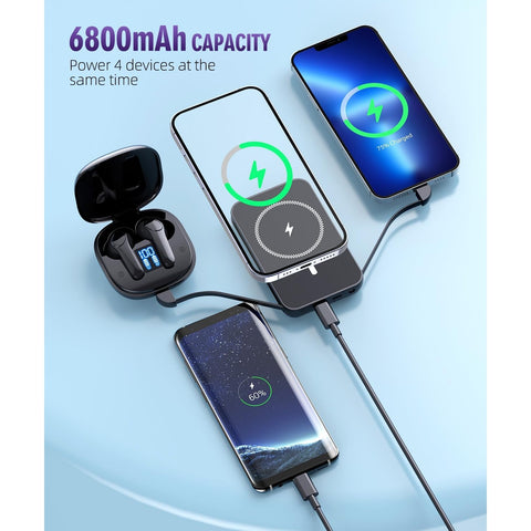 Magnetic Power Bank, 6800mAh Wireless Portable Charger with PD30W Fast Charging, Battery Pack Built-in 2 Output (White)