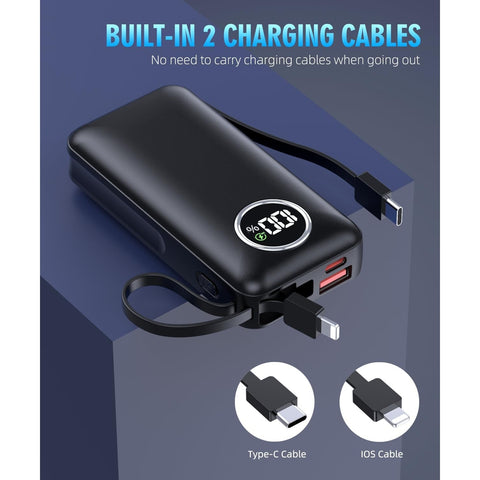 Portable Charger with Built-in Output Cable, LED Display Fast 15000mAh Battery Pack, Fast Charging , Suitable for Most Electronic Devices (Black)