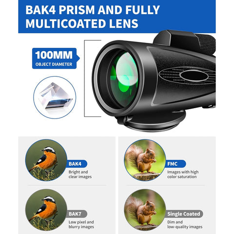 Monocular Telescope 80x100 High Power with Smartphone Adapter Tripod,Larger Vision Monoculars for Adults with BAK4 Prism & FMC Lens, Suitable for Bird Watching Hunting Hiking Camping Wildlife-Black