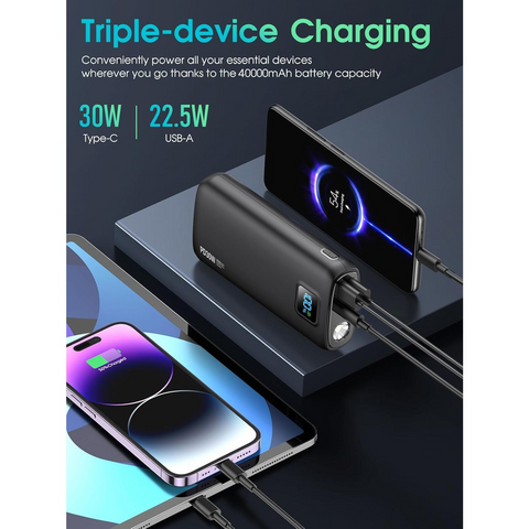 Portable Charger - 40000mAh Power Bank PD 30W and QC 4.0 Fast Charging with Flashlight LED Display 2 USB 1Type-C Outputs for Most Electronic Devices (Carbon Black)