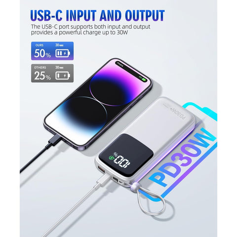 Portable-Charger-15000mAh Power-Bank - Supports PD 30W Fast Charging Built-in AC Wall Plug and 2 Output Cables with LED Display for Most Electronic Devices(Black)