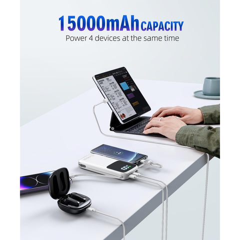 15000mAh Portable-Charger Power Bank Supports PD 30W Fast Charging Built-in AC Wall Plug and 2 Output Cables with LED Display for Most Electronic Devices(White)