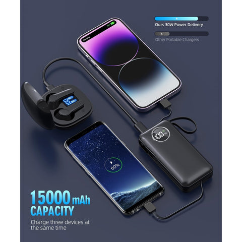 Portable Charger with Built-in Output Cable, LED Display Fast 15000mAh Battery Pack, Fast Charging , Suitable for Most Electronic Devices (Black)